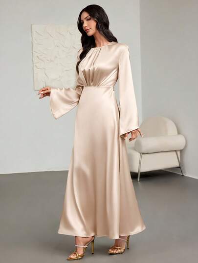 Champagne Satin Long-Sleeved Flared Maxi Dress With High Waist Design, Elegant Evening Wedding Guest Attire Elegant Dresses For Women Elegant Dress Women Elegant Dresses For Ladies