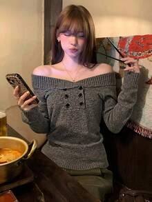 [Y6Y] Women's Spring Elegant Off-Shoulder Knit Sweater, Long Sleeve Fitted Style Versatile Pullover Top - Coffee Gray - View 11