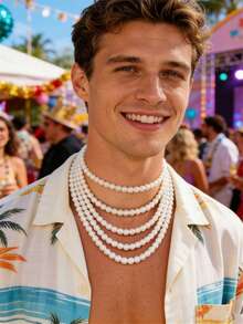 1條白色時尚簡約多用途珍珠項鍊，男性日常穿著度假禮物 - 白色 - 查看 3