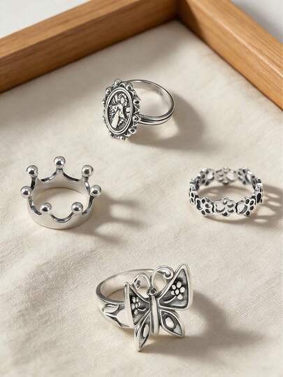 1 pieza Anillo de Mariposa de Plata de Ley 925 único y sencillo, Anillo de Virgen María, Anillo de Corona de Princesa, Anillo de Huella de Pata de Perro, Cadena de Cable Ligera Estilo Bohemio, Joyería Fina de Lujo Ligero para Mujer, Regalo del Día de San Valentín