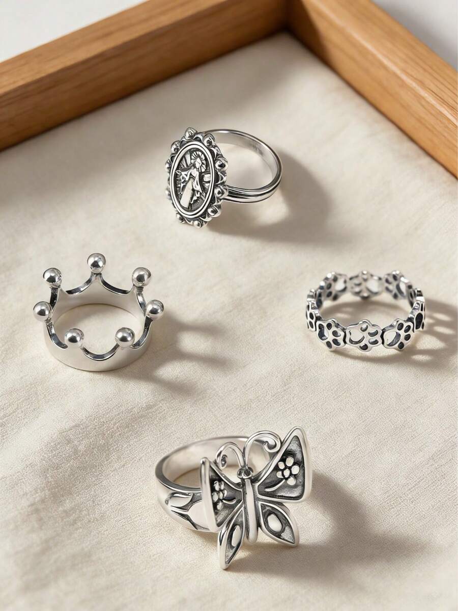 1pc Simple Unique 925 Hot Selling Sterling Silver Mariposa Ring Virgin Mary Ring Princess Crown Ring Dog Paw Print Ring Light Cable Chain Bohemian Style High-End Light Luxury DIY Pendant Women Fine Jewelry Valentine's Day Gifts - Virgin Mary Ring - 查看 1