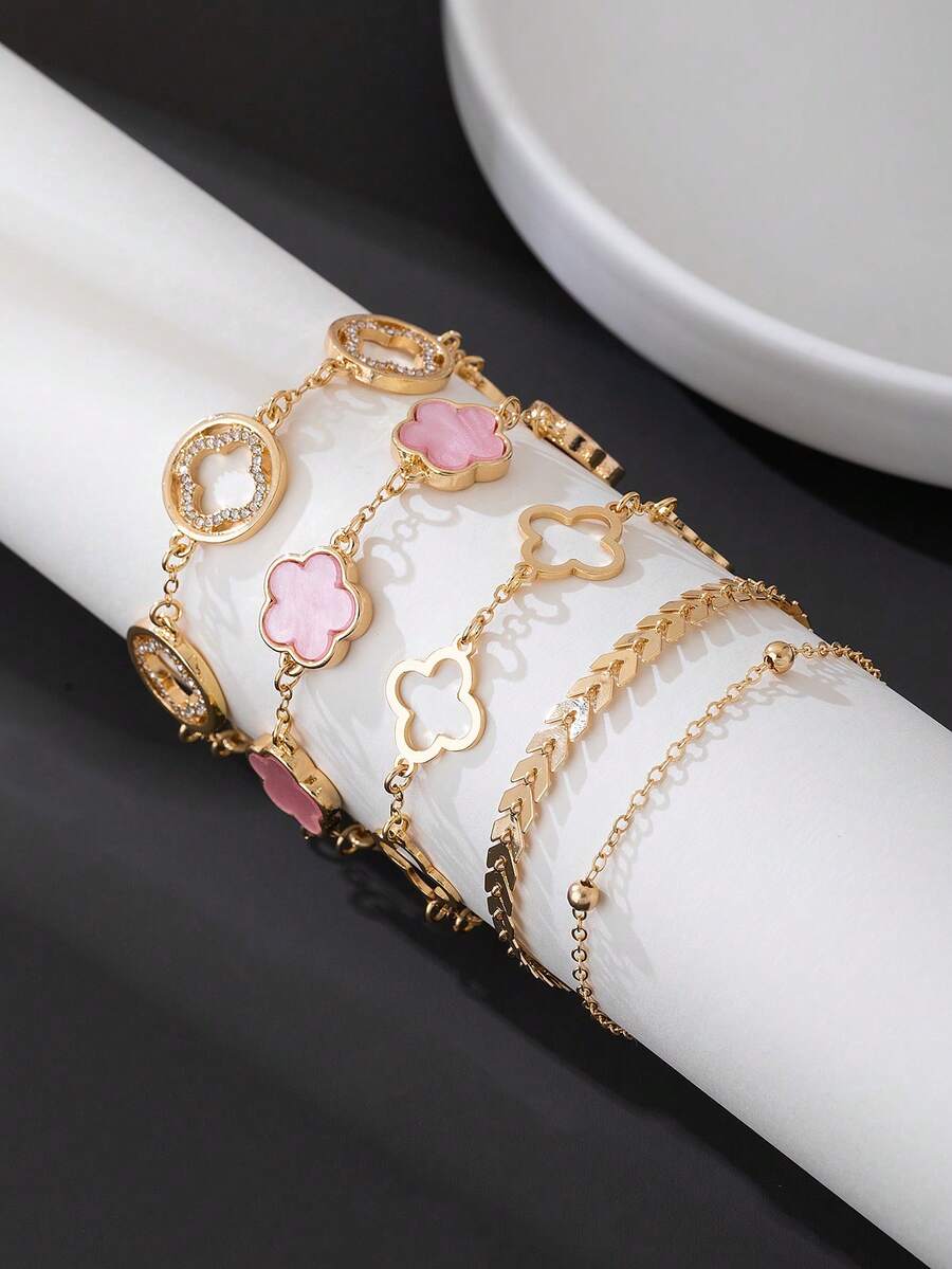 5pcs/Set Classic Hollow Rhinestone Clover & Airplane Chain Bracelets For Women, Pink Lucky Leaf Versatile Stackable Bracelet Set (No Gift Box. Due To Handmade Cutting, Bead Chain Quantity Is Random But Fixed Length, Won't Affect Wearing Effect) - Pink - View 1