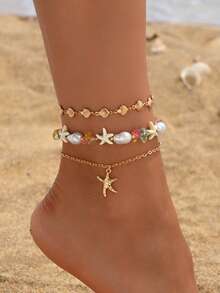 3pcs/Set Boho Style Gold Shell Handmade Chain, Fashion Faux Pearl Colorful Stone Starfish Pendant Anklet Jewelry, Suitable For Beach, Holiday, Daily Outfit, Adjustable Shell Chain Length, Random Shell Quantity And Colorful Stone Shape/Size/Color - Gold - View 1