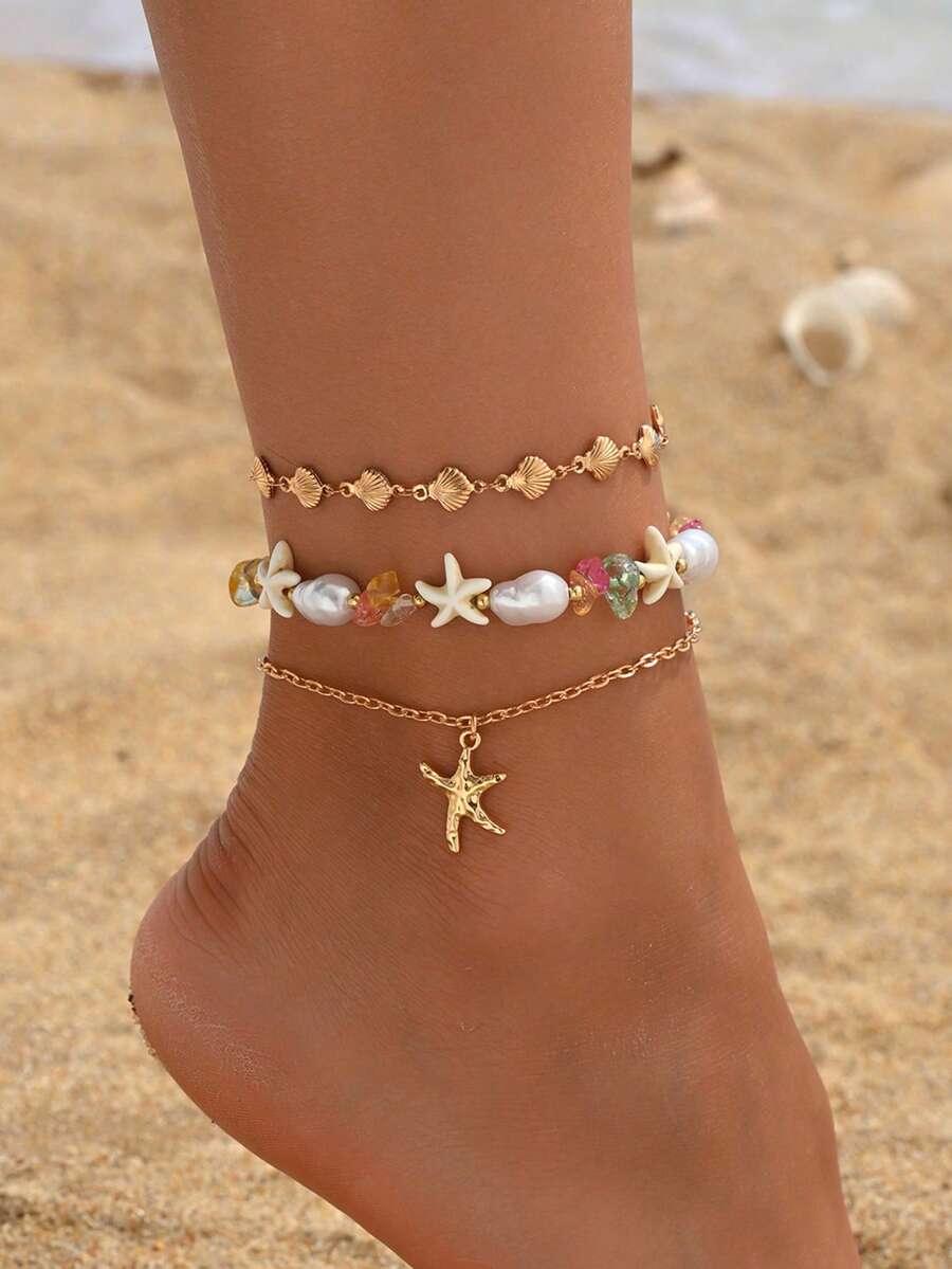 3pcs/Set Boho Style Gold Shell Handmade Chain, Fashion Faux Pearl Colorful Stone Starfish Pendant Anklet Jewelry, Suitable For Beach, Holiday, Daily Outfit, Adjustable Shell Chain Length, Random Shell Quantity And Colorful Stone Shape/Size/Color - Gold - View 1