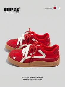 BEIER New Casual Women Lace-Up Rubber Sole Sneakers, Fashionable Everyday Wear - Red - View 2