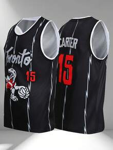 Men's Basketball Embroidered Sleeveless V-Neck T-Shirt, Casual Party Sports Top, Black #15 - Black - View 1