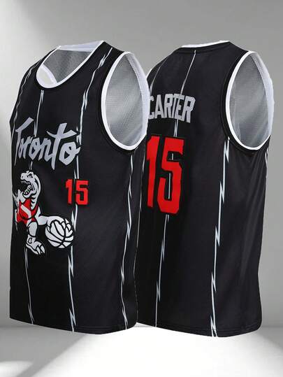 Camiseta sin mangas de cuello en V con bordado de baloncesto para hombre, top deportivo casual para fiestas, negro #15