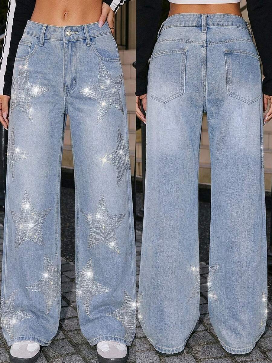 Jeans de pierna ancha con estampado de estrellas de strass de cintura alta para mujer, lavado claro recto de mezclilla - Celeste - Ver 1