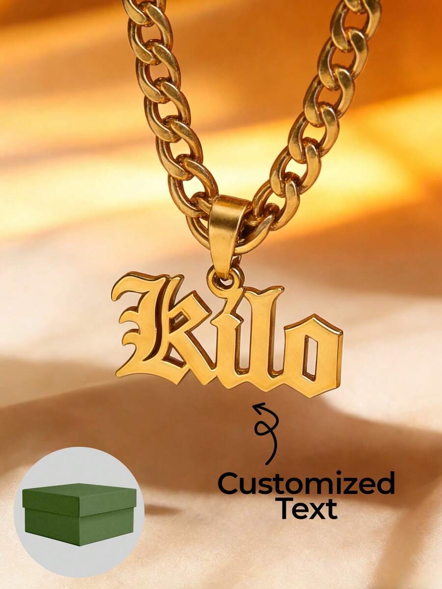 1pc Personalized Customized Necklace, Large Nameplate Pendant, Thick Necklace, Unisex Necklace, Unisex, Daily Style, Stainless Steel Customization, 18k Gold Jewelry, Including Gift Box, As Daily, Ramadan Gift, Valentine's Day Gift, Mother's Day, Father's Day Gift. - Cuban Chain - View 1