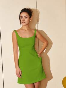 女士纯色收腰无袖迷你连衣裙，夏季商务休闲度假派对优雅装扮 - 橄欖綠 - 查看 5