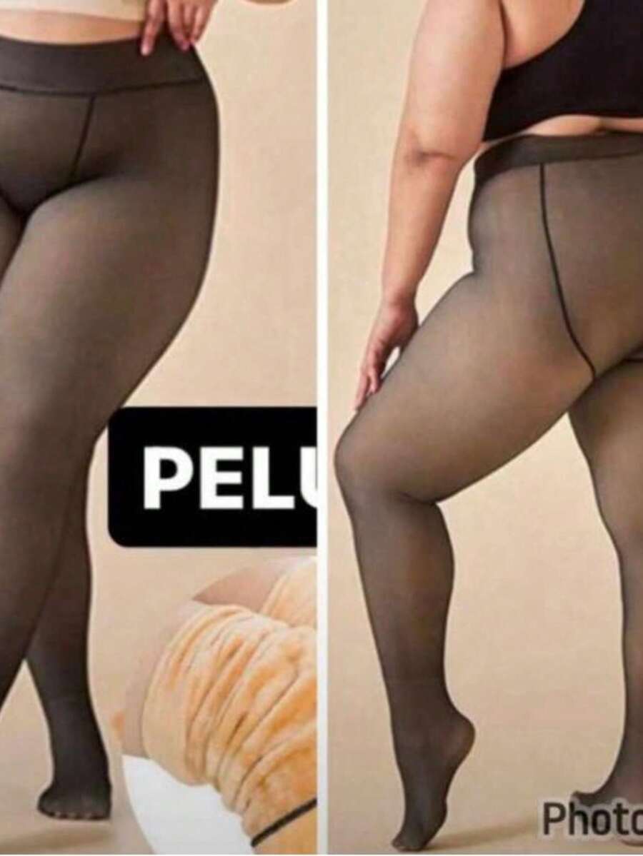 Plus-Size Sheer Thermal Lined Tights For Women. - 黑色 - 查看 1