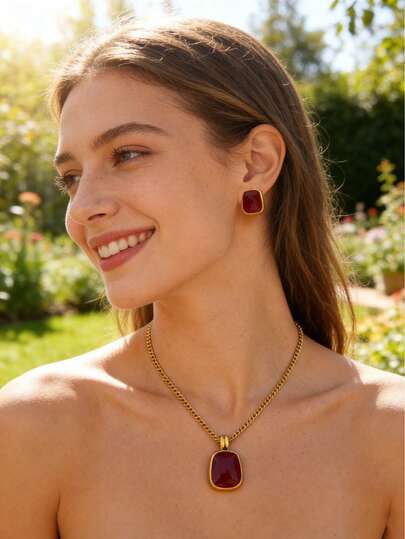  VceTd 1 Set Fashionable Retro Geometric Stainless Steel Jewelry Set With Plastic Inlays, Suitable For Women's Daily Life, Commuting, Evening Parties, Afternoon Tea, Or As A Gift For Loved Ones, Family, Or Female Friends