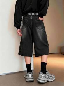 1Pc Of Korean Style Simple Casual Baggy Wide-Leg Shorts,American High-Street Washed Distressed Black Baggy Wide-Leg Bermuda Denim Shorts( Not Include Belt And Accessories) - Black - View 3