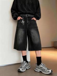 1Pc Of Korean Style Simple Casual Baggy Wide-Leg Shorts,American High-Street Washed Distressed Black Baggy Wide-Leg Bermuda Denim Shorts( Not Include Belt And Accessories) - Black - View 2