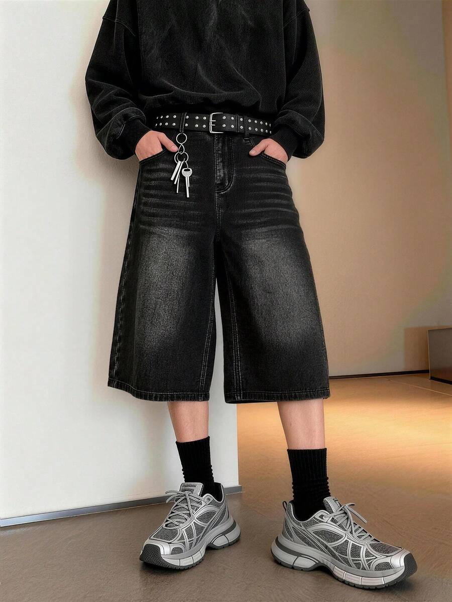 1Pc Of Korean Style Simple Casual Baggy Wide-Leg Shorts,American High-Street Washed Distressed Black Baggy Wide-Leg Bermuda Denim Shorts( Not Include Belt And Accessories)