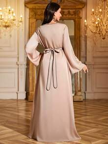 Women's V-Neck Long Sleeve Maxi A-Line Dress With Detachable Belt - Champagne - View 5
