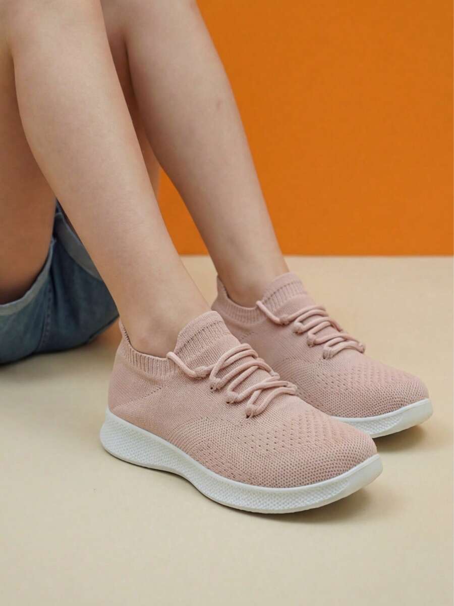 Kids' Lightweight Breathable Purple Lace-Up Casual Slip-On Dance Shoes, Knit Sock Shoes - Pink - View 1