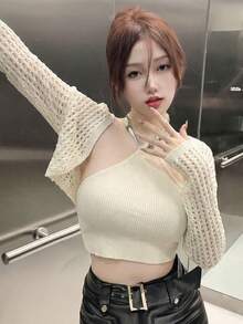 New Sexy Spaghetti Strap Camisole Top & Cropped Knit Cardigan Set, Revealing, Suitable For Spring/Summer - Apricot - View 2