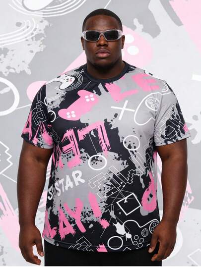 Herren Große Größen Farbverlauf Buchstaben Graffiti Grafik Rundhals T-Shirt, Cartoon Schriftstil Allover-Muster Große Größen Kurzarm Top, Sommer Mode Freizeitbekleidung T-Shirt