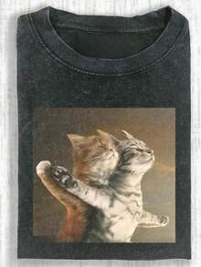 230g Washed Cat Print T-Shirt That Loves Smoking, High-Quality Wax Printed Cotton Retro Fashion Brand T-Shirt, Men's T-Shirt, Beach Must-Have, Men's Summer T-Shirt, Holiday Gift, Perfect Gift,,Graphic Tees,Vintage T Shirts,100 Percent Cotton,Camisetas Para Hombre,,Men Vacation Outfits,Summer Vacation Outfits - 黑色 - 查看 1