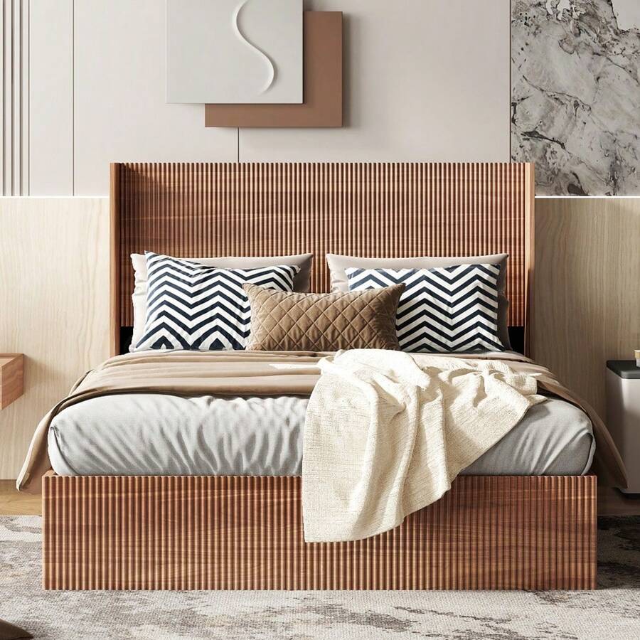 Large Grooved Undulating Lift Storage Bed Frame, Wooden Platform Bed Frame With Lift Storage, No Spring Box Required/No Noise, Rustic Brown Slatted Natural Wood(
King) - Brown - View 1
