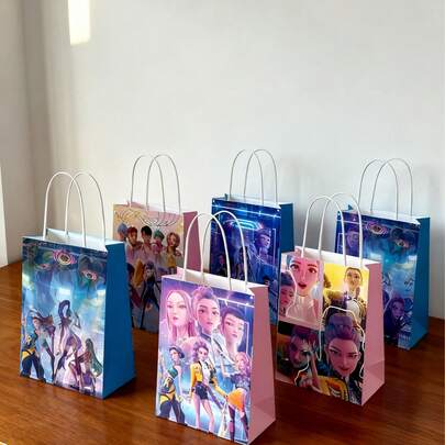 6pcs Korean Popular Cartoon K-Pop Witch Theme Kraft Paper Gift Bags, Cute Cartoon Tote Bags For Candy Packaging, Suitable For Birthday Party, Holiday Gifts (Due To Production Process And Transportation, There May Be Slight Color Difference And Minor Defects, Which Are Within The Normal Range. Random Styles)