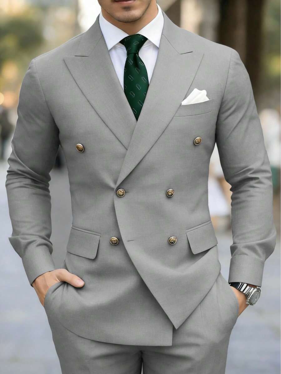 Men's 2 Piece Suit, Wedding, Business, Casual Suit Set - Grey Solid Color Slim Fit Business Suit Jacket   Classic Trousers, Grey Solid Color, Long Sleeves, Button Details, Elegant And Atmospheric Style, Non-Elastic Fabric - 灰色 - 查看 1