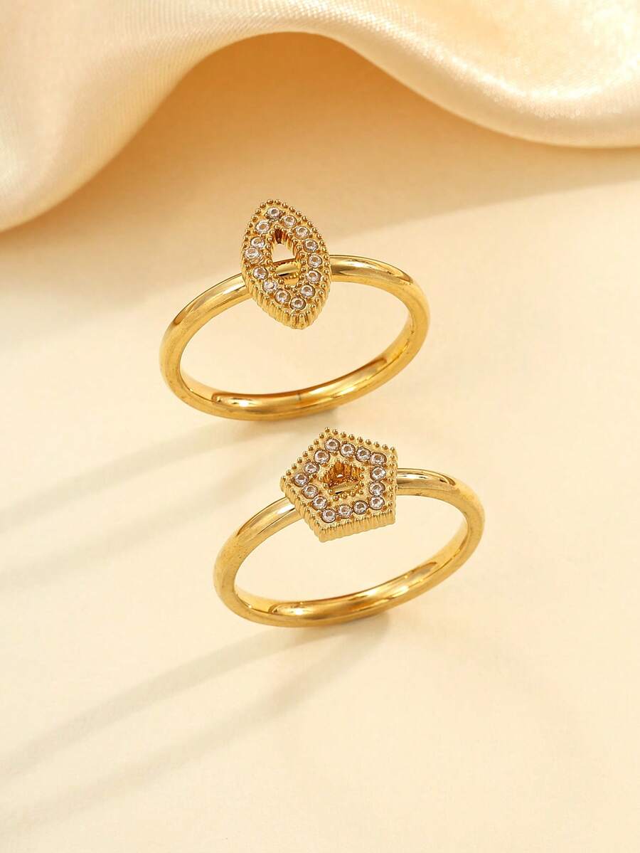 Bộ 2 chiếc nhẫn thép không gỉ mạ vàng kiểu dáng tối giản, hình vuông và tròn, đính nhiều viên kim cương trắng nhỏ, thích hợp cho nữ đeo hàng ngày hoặc làm quà tặng. - Vàng - Xem 1
