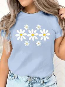 Valentine's Day European And American Spring Summer Women's Clothing Small Daisy Print Casual T-Shirt Loose And Comfortable Summer Tops White Top - 淺藍色 - 查看 12
