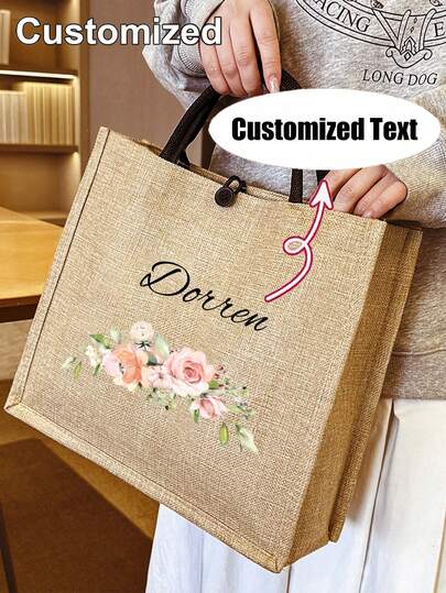 Bolsa de lona personalizada, texto personalizable, bolsa de regalo personalizada, diseño floral, bolsa de tote/hombro multifuncional, espaciosa, bolsa de playa de tela elegante, perfecta para damas de honor, bodas, salidas, compras, viajes, y esenciales de playa y arena. Un regalo ideal para el Día de San Valentín, aniversarios, cumpleaños y para familiares y amigos.