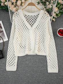 Casual Hollow Out Long Sleeve Cardigan, Spring/Summer - Apricot - View 6