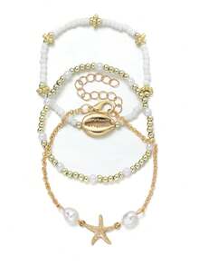 Set de 3 piezas de pulseras de estilo bohemio de playa con capas múltiples de aleación, concha, estrella de mar y cuentas, adecuado para uso diario, ir al trabajo, fiestas y vacaciones de mujeres - Multicolor - Ver 3
