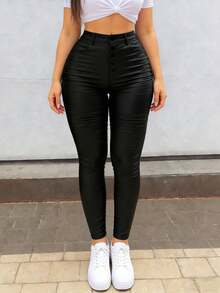 Women's Sexy High Waist Elastic Button Skinny Lifting Butt PU Leather Leggings, Suitable For Going Out, Parties And Nightclubs - Black - View 1