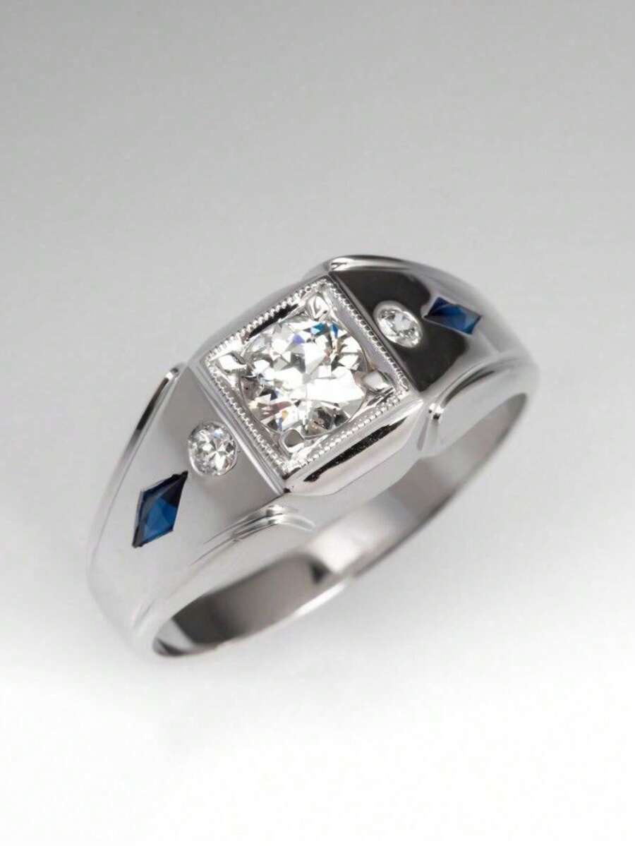 1枚奢华立方氧化锆铜戒指，商务男士时尚珠宝，适合婚礼、订婚、派对等场合。 - 銀色 - 查看 1