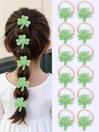 12PCS St. Patrick's Day Clover Hair Band For Girls Green Hair Tie, Luckey Hairpin, Cute Clover Hair Elastic Ties For Kids Hair Accessories, Patrick's Day Gift Hair Accessories For Girls