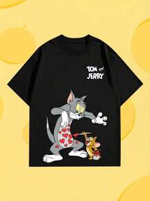 Whysmera SHEIN X Tom & Jerry Women's Summer New Joint Print T-Shirt, Made Of Skin-Friendly Breathable Shaping Material, Classic Cartoon And American Graffiti Fonts, Loose Fit Design, Anti-Aging Effect, Suitable For Daily Commute, Campus Outfit, Girlfriend Date, Anime Theme Party, Home And Other Occasions - Black - View 1