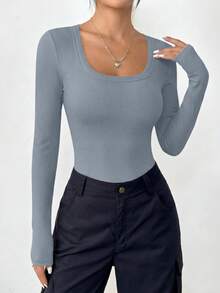 PRETTYGARDEN Women Spring And Fall Long Sleeve Shirts Clothes Cute Going Out Tops Ribbed Tight Fitted Plain Basic Tee Tshirts Vacation Outfits For Women - 淺灰色 - 查看 5