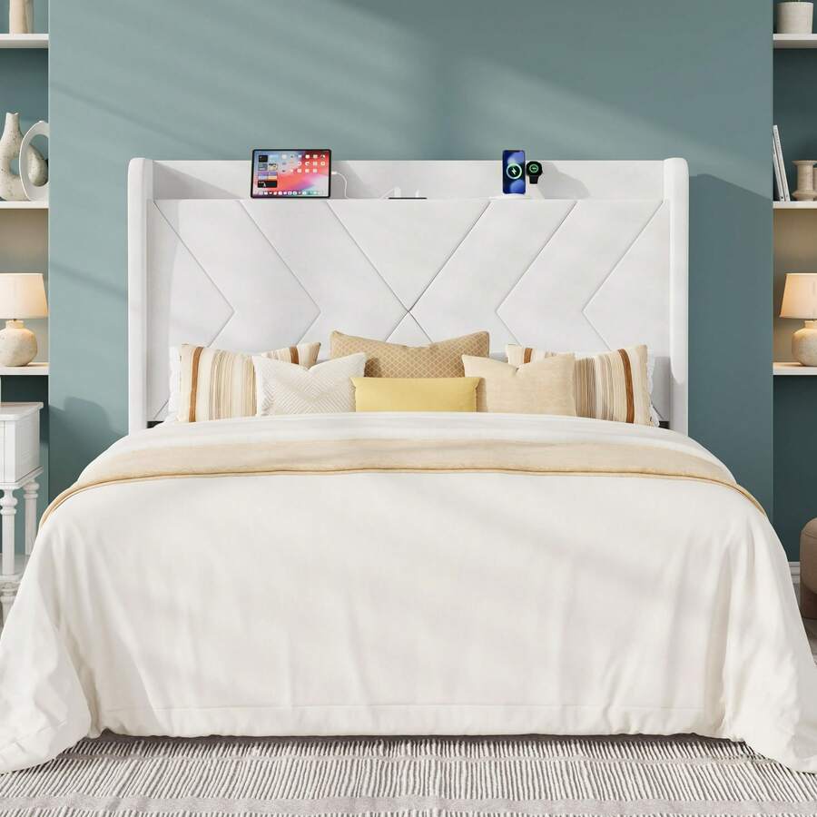 Allewie Full/Queen/King Size Platform Bed Frame With Charging Station And Storage Shelf/Upholstered Velvet Wingback Headboard/Wooden Slats Support/No Box Spring Needed/Easy Assembly, White - 查看 1