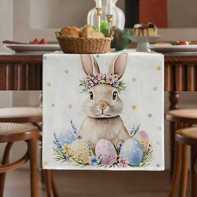 1 pieza Camino de mesa con estampado de conejo de Pascua, de poliéster, rectangular, tela decorativa festiva para la mesa, decoración del hogar, decoración de mesa de cocina y comedor, decoración de habitación