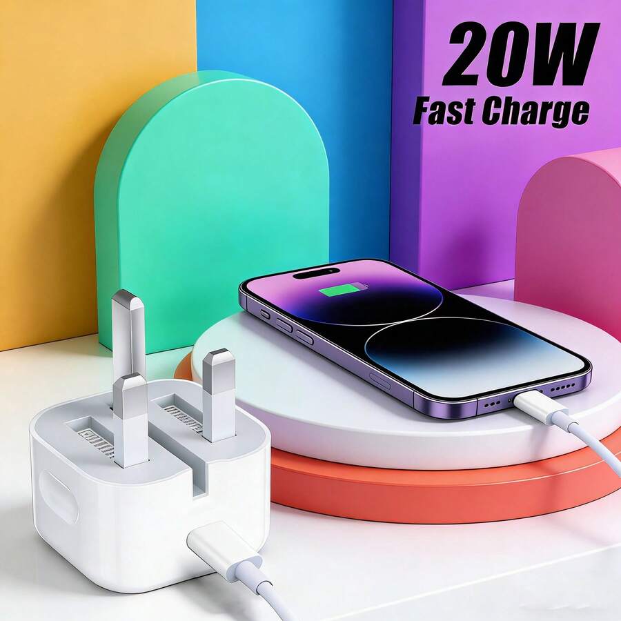 20W 英规快充插头（220-240V）墙式充电器，包含 20W 快充英规插头适配器旅行套装、USB-C 便携式墙式充电器和 200 厘米 Type-C 转 Lightning 高速充电线，兼容 14/13/12/11 Pro Max/XS/XR/X/SE/8，情人节旅行礼物 - 英規插(220-240V) - 查看 1