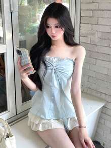 Sexy Blue Bowknot Strap Camisole Tank Top, Waist Cinching Slim Fit Tube Top For Summer - Blue - View 5