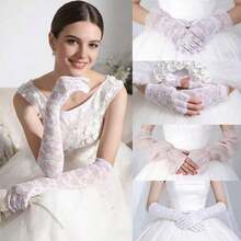 Elegant Printed Lace Trim Mid Length Gloves, Thin Breathable Summer Formal Gloves, Sun Protection Arm Sleeves For Bride Wedding Vacation Daily Driving - 22cm Black - View 5