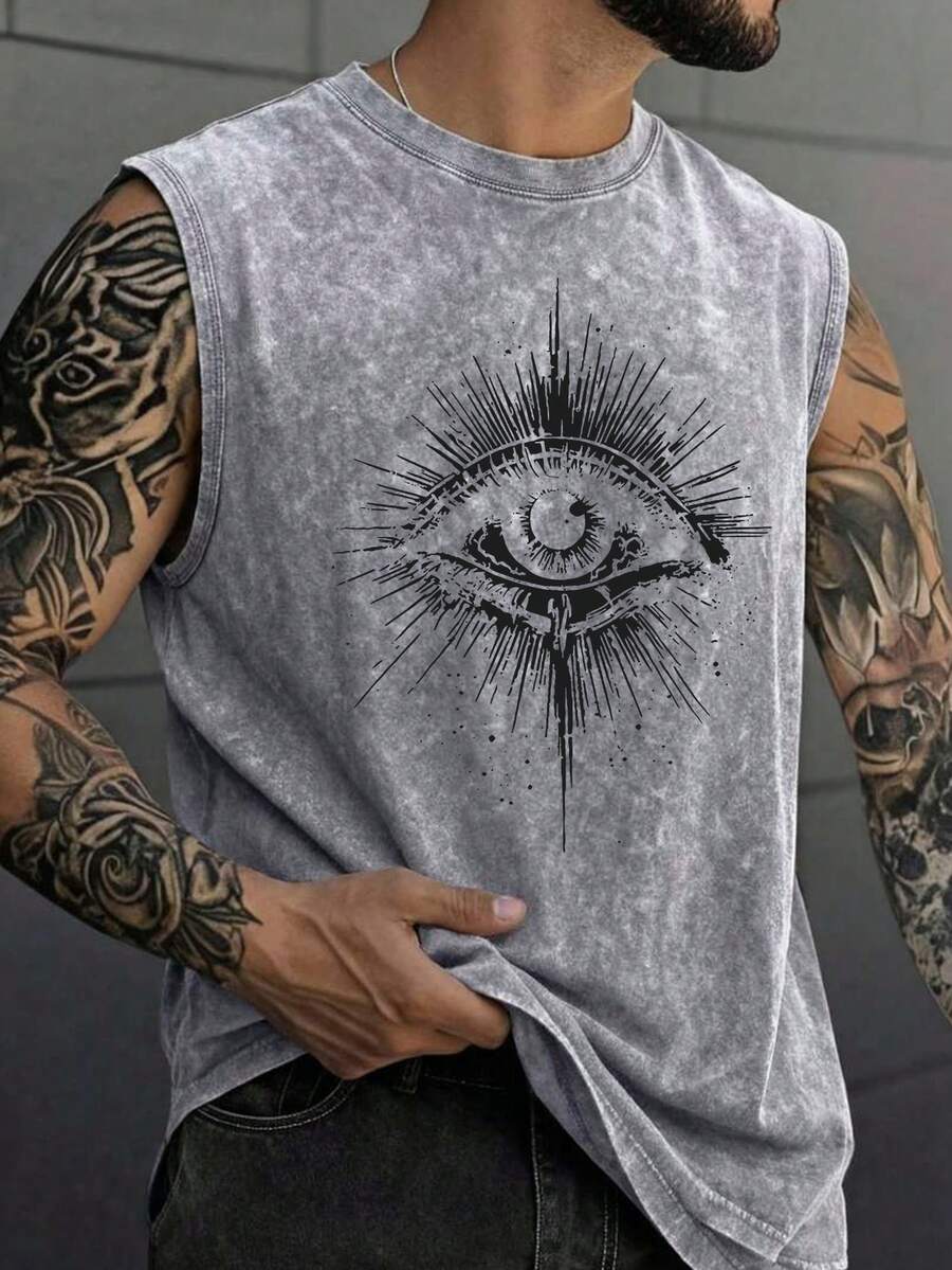 Men's Printed Vintage Washed Vest, Loose Fit, Casual Street Style, An Essential Everyday Item. - Xám - Xem 1