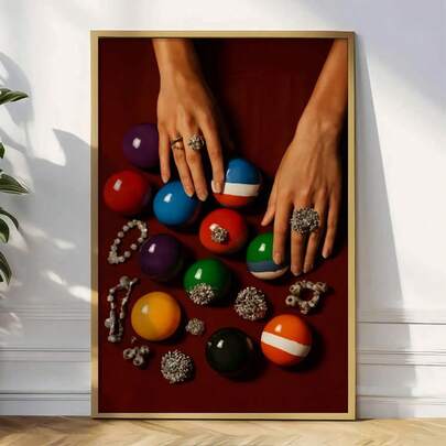 1pc Retro Billiards Pool Table Print Wall Art Poster - Vintage Modern Golden & Maroon Pool Balls (Solids & Stripes) Frameless Canvas Painting For Game Room, For Cave, Home Office - Aesthetic Billiard Decor