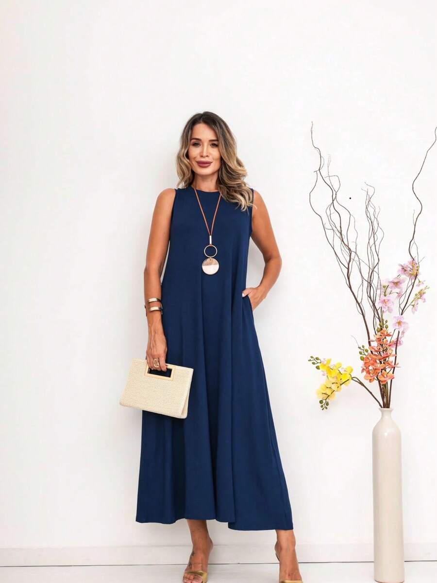 Long Dress In Viscose/Lycra Blend With Side Pockets. - Navy Blue - View 1