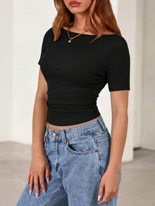 Fall New Arrival Women's Long-Sleeve Top Crop-Top Style Casual Outerwear Boat Neck With Bell Sleeves Ribbed Pleated Design Millennial-Inspired Fashion - đen - Xem 4