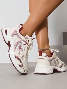 女士圆头系带厚底学生休闲舒适跑步运动鞋 - 紅色 - 查看 5