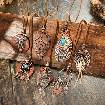 1 pieza Collar colgante de doble capa de madera natural con borlas, estilo bohemio vintage