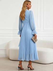 女士纯色立领镂空褶裥长袖不对称荷叶边下摆优雅收腰派对及节日连衣裙 - 淺藍色 - 查看 3