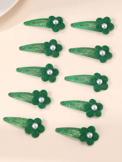 10pcs/Set Girls Green Pearl Flower Sequin Hair Clips Set, Suitable For St. Patrick's Day Decoration